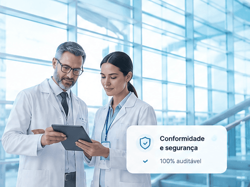 Médicos analisando indicadores de atendimento em tablet